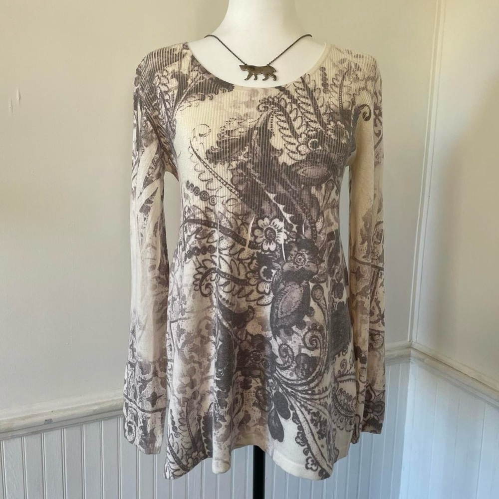 Style & Co Jeans - White Grey Floral Long Sleeve Tunic Knit Babydoll Top